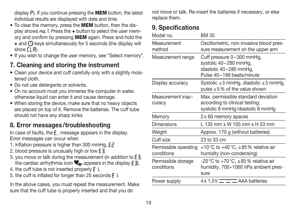 Cleaning and storing the instrument, Error messages / troubleshooting, Specifications | Beurer BM 35 User Manual | Page 19 / 80
