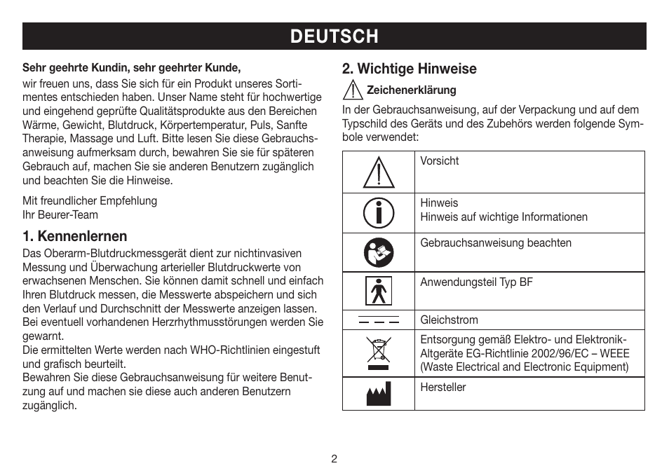 Deutsch, Kennenlernen, Wichtige hinweise | Beurer BM 35 User Manual | Page 2 / 80