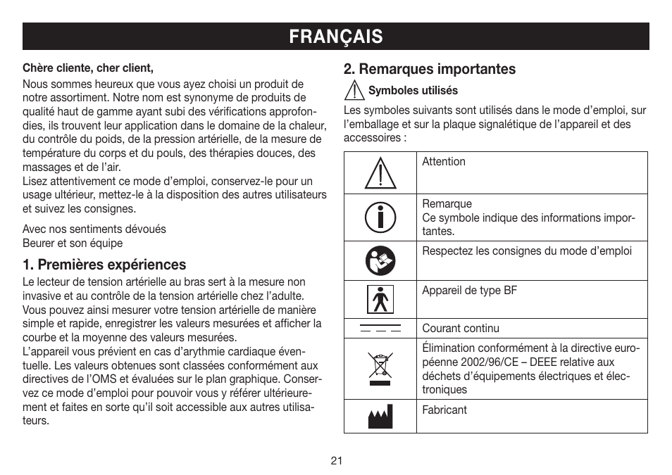 Français, Premières expériences, Remarques importantes | Beurer BM 35 User Manual | Page 21 / 80