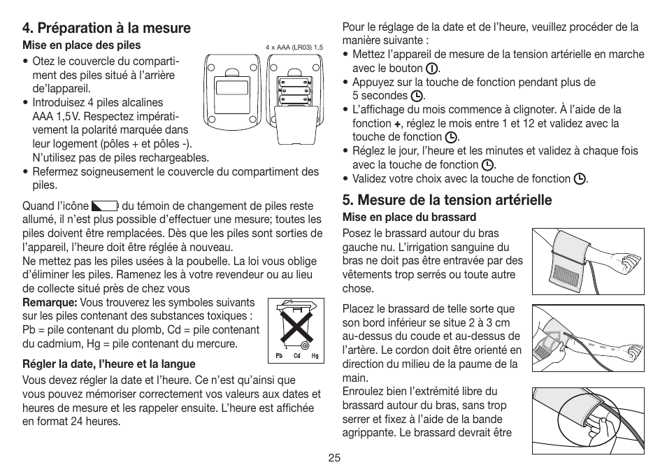 Préparation à la mesure, Mesure de la tension artérielle | Beurer BM 35 User Manual | Page 25 / 80