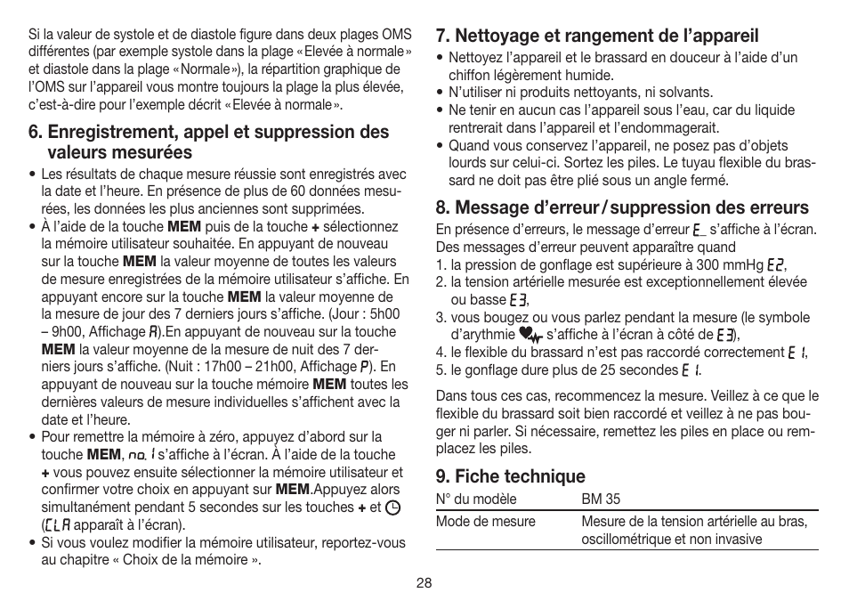 Nettoyage et rangement de l’appareil, Message d’erreur / suppression des erreurs, Fiche technique | Beurer BM 35 User Manual | Page 28 / 80