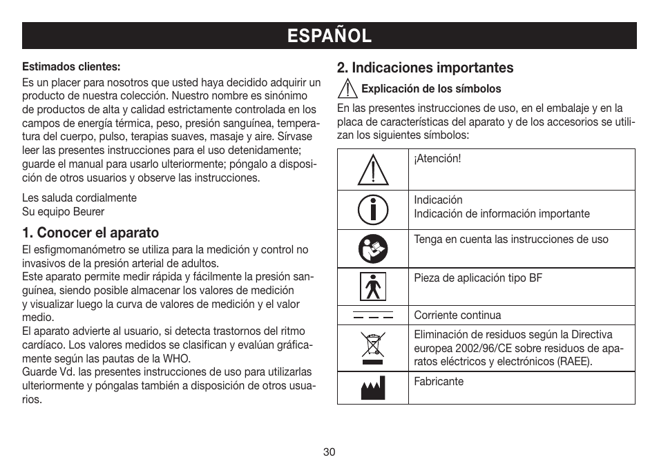 Español, Conocer el aparato, Indicaciones importantes | Beurer BM 35 User Manual | Page 30 / 80