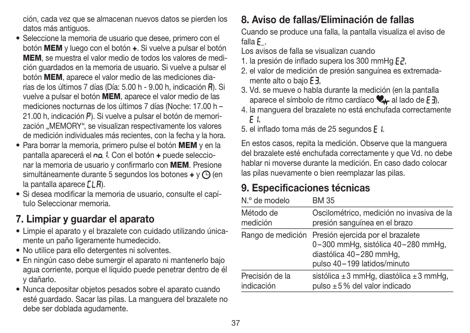 Limpiar y guardar el aparato, Aviso de fallas/eliminación de fallas, Especificaciones técnicas | Beurer BM 35 User Manual | Page 37 / 80