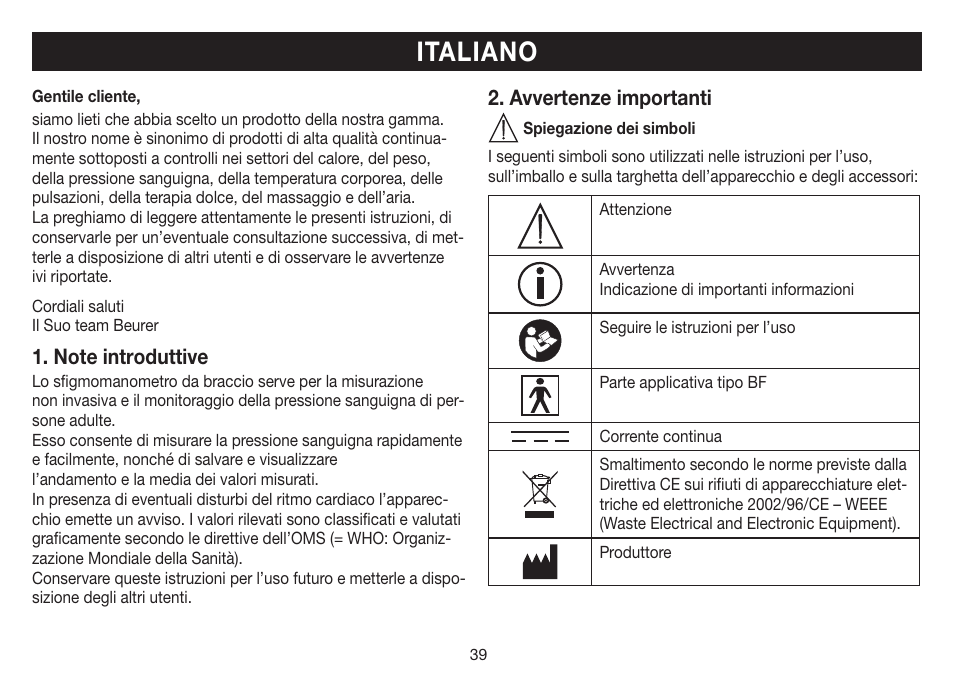 Italiano, Avvertenze importanti | Beurer BM 35 User Manual | Page 39 / 80