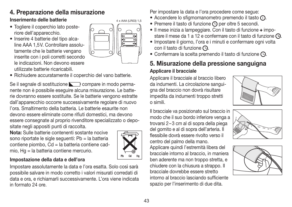 Preparazione della misurazione, Misurazione della pressione sanguigna | Beurer BM 35 User Manual | Page 43 / 80