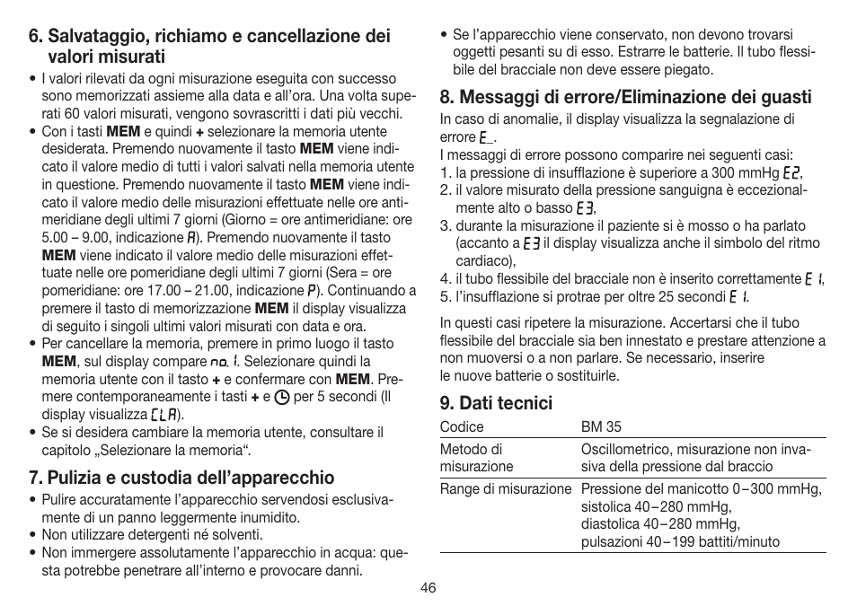 Pulizia e custodia dell’apparecchio, Messaggi di errore/eliminazione dei guasti, Dati tecnici | Beurer BM 35 User Manual | Page 46 / 80