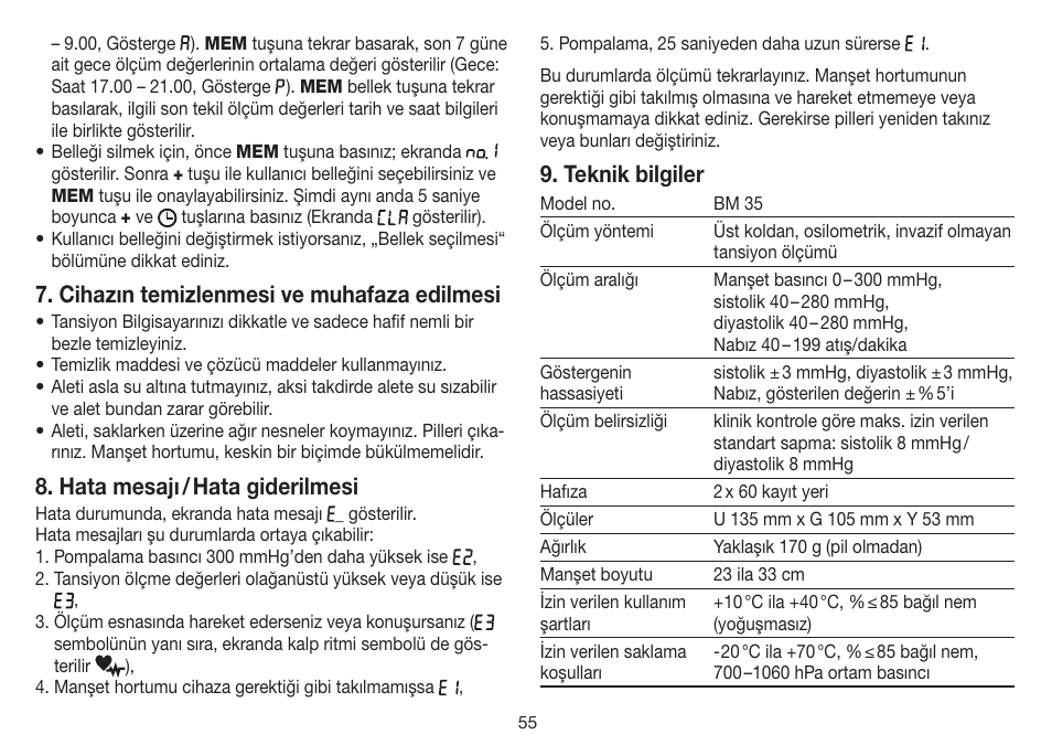 Cihazın temizlenmesi ve muhafaza edilmesi, Hata mesajı / hata giderilmesi, Teknik bilgiler | Beurer BM 35 User Manual | Page 55 / 80