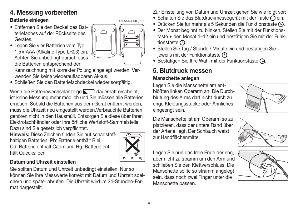 Messung vorbereiten, Blutdruck messen | Beurer BM 35 User Manual | Page 6 / 80