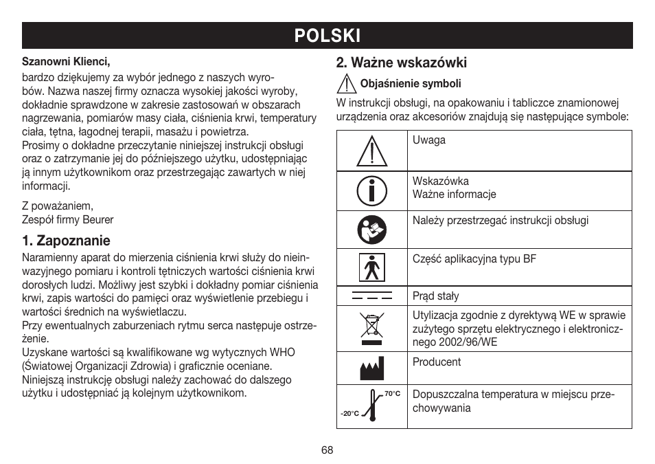 Polski, Zapoznanie, Ważne wskazówki | Beurer BM 35 User Manual | Page 68 / 80