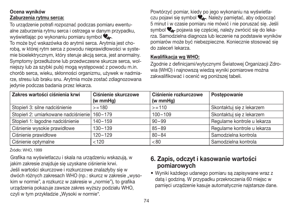 Zapis, odczyt i kasowanie wartości pomiarowych | Beurer BM 35 User Manual | Page 74 / 80