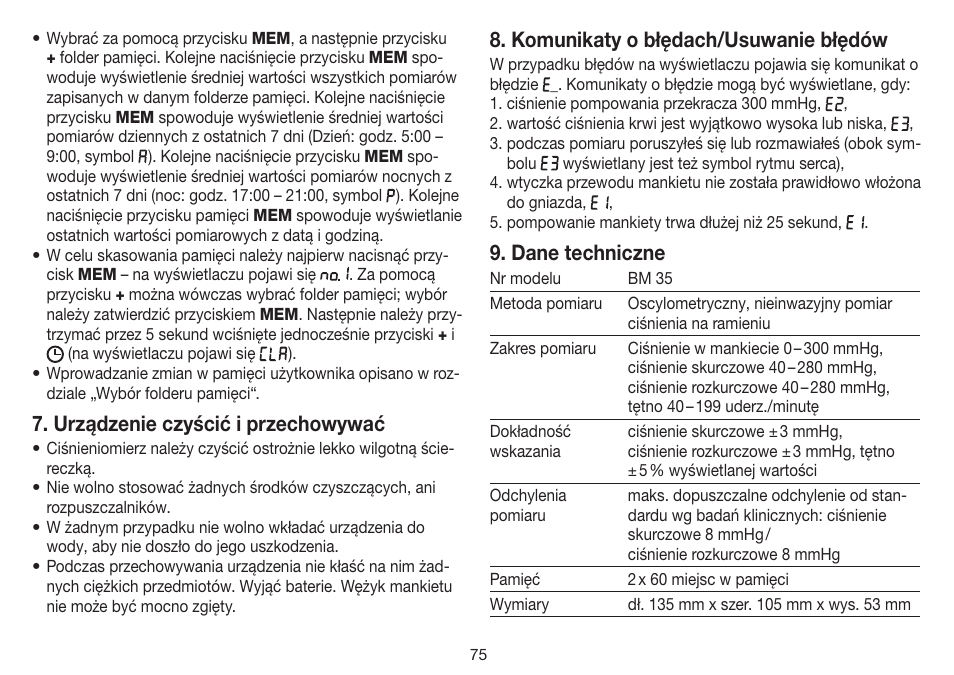 Urządzenie czyścić i przechowywać, Komunikaty o błędach/usuwanie błędów, Dane techniczne | Beurer BM 35 User Manual | Page 75 / 80