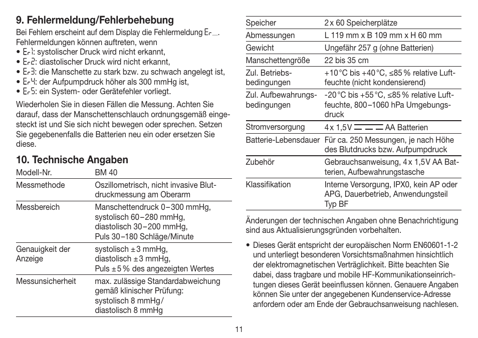 Fehlermeldung/fehlerbehebung, Technische angaben | Beurer BM 40 User Manual | Page 11 / 92