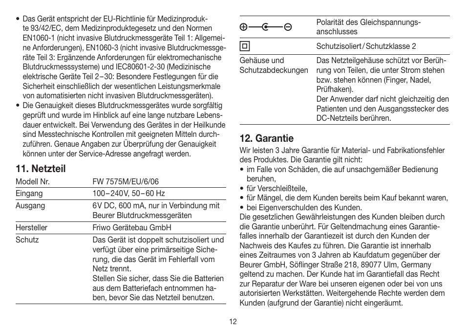 Netzteil, Garantie | Beurer BM 40 User Manual | Page 12 / 92