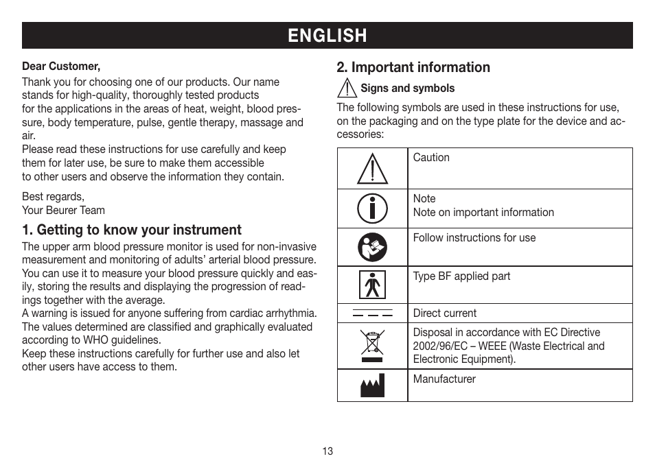 English, Getting to know your instrument, Important information | Beurer BM 40 User Manual | Page 13 / 92