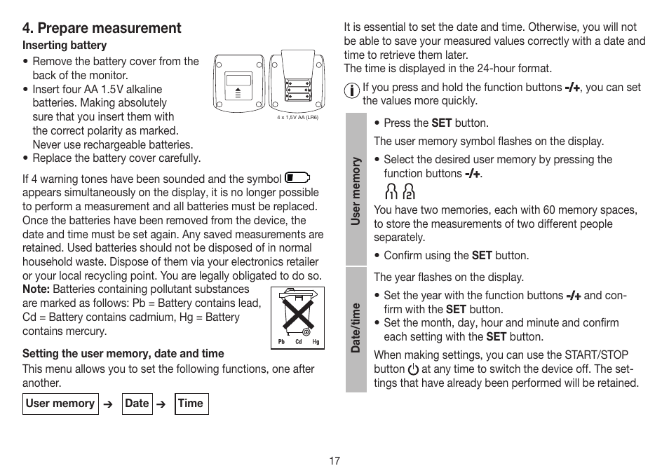 Prepare measurement | Beurer BM 40 User Manual | Page 17 / 92