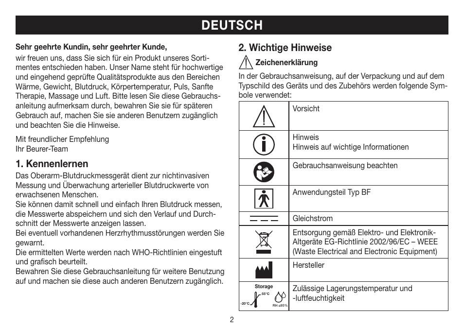 Deutsch, Kennenlernen, Wichtige hinweise | Beurer BM 40 User Manual | Page 2 / 92