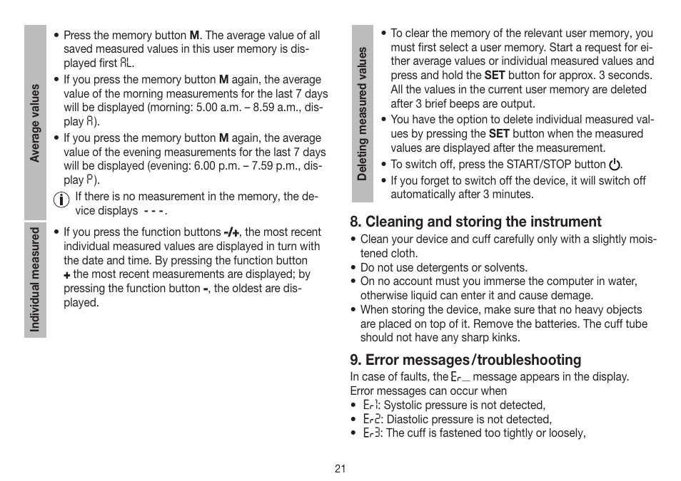 Cleaning and storing the instrument, Error messages / troubleshooting | Beurer BM 40 User Manual | Page 21 / 92