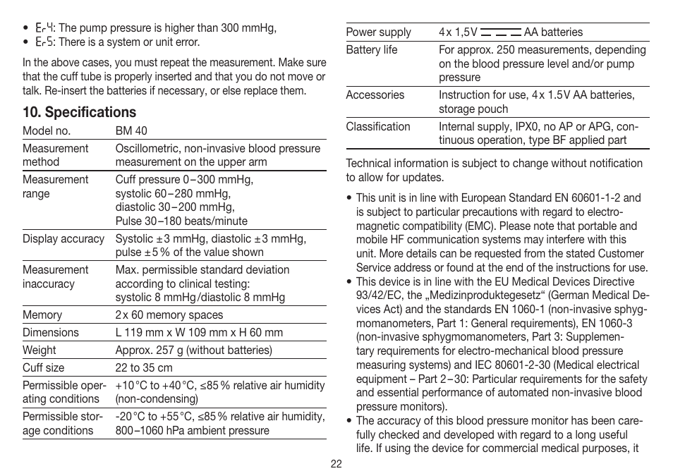Specifications | Beurer BM 40 User Manual | Page 22 / 92