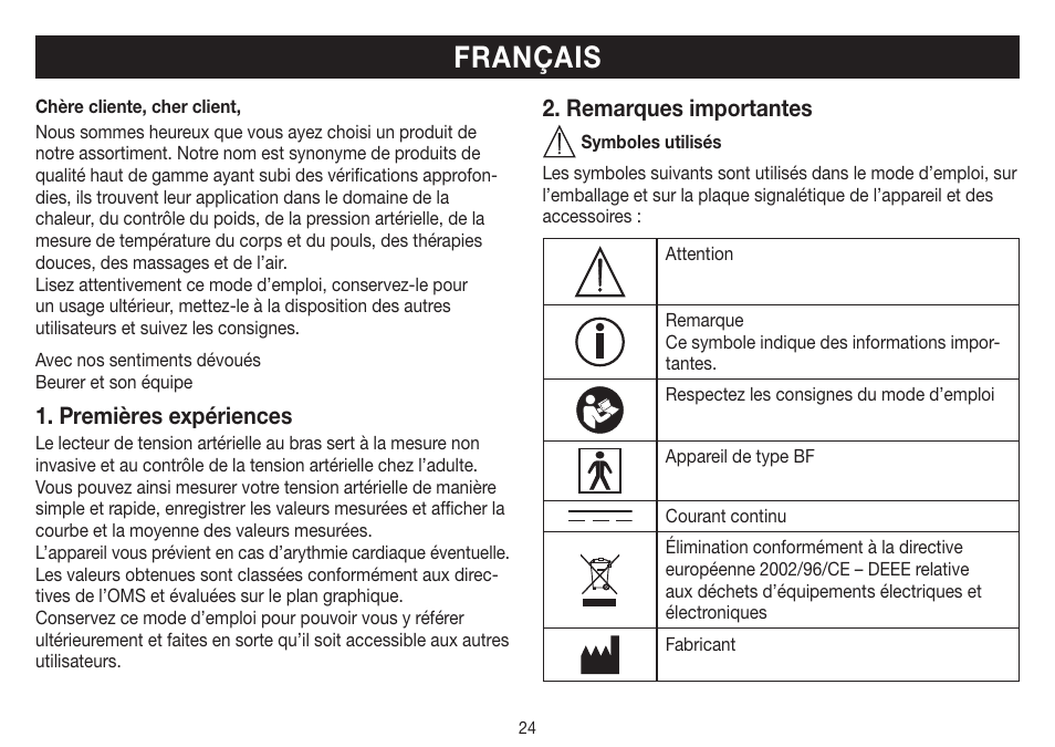 Français, Premières expériences, Remarques importantes | Beurer BM 40 User Manual | Page 24 / 92