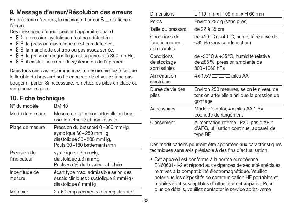 Message d’erreur/résolution des erreurs, Fiche technique | Beurer BM 40 User Manual | Page 33 / 92