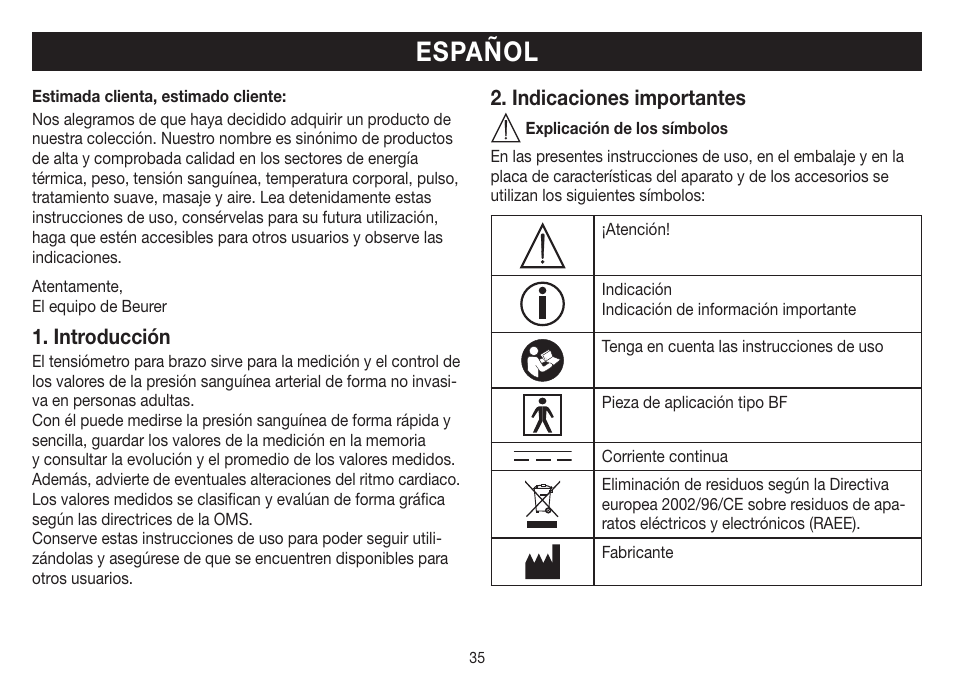 Español, Introducción, Indicaciones importantes | Beurer BM 40 User Manual | Page 35 / 92