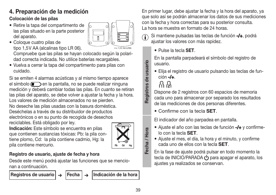 Preparación de la medición | Beurer BM 40 User Manual | Page 39 / 92