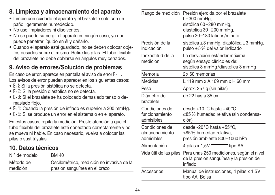 Limpieza y almacenamiento del aparato, Aviso de errores/solución de problemas, Datos técnicos | Beurer BM 40 User Manual | Page 44 / 92