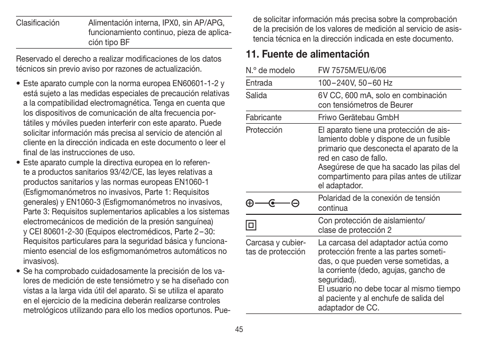 Fuente de alimentación | Beurer BM 40 User Manual | Page 45 / 92