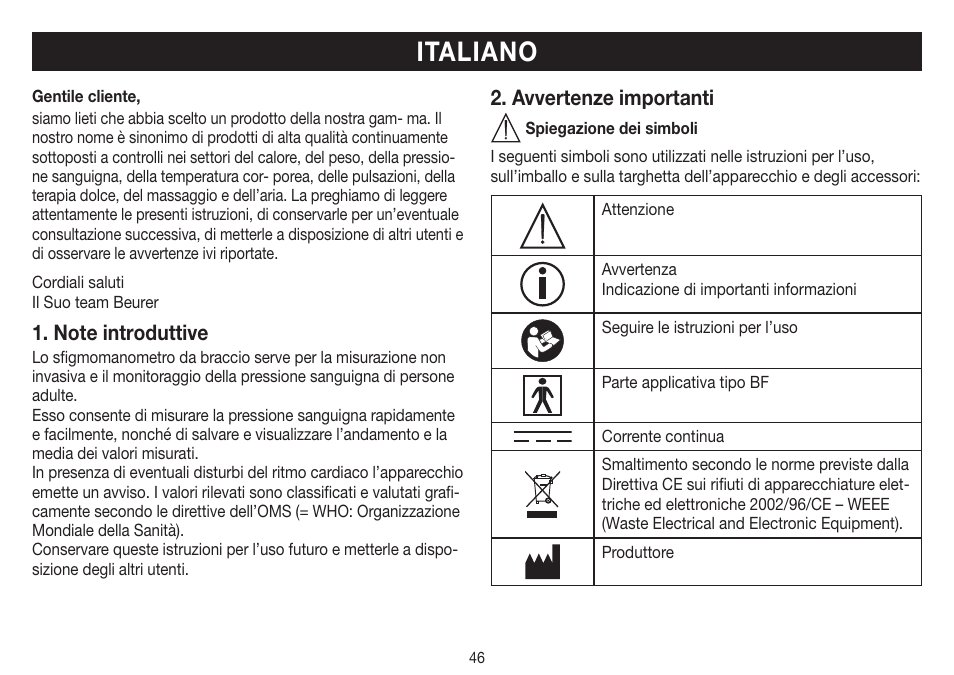 Italiano, Avvertenze importanti | Beurer BM 40 User Manual | Page 46 / 92