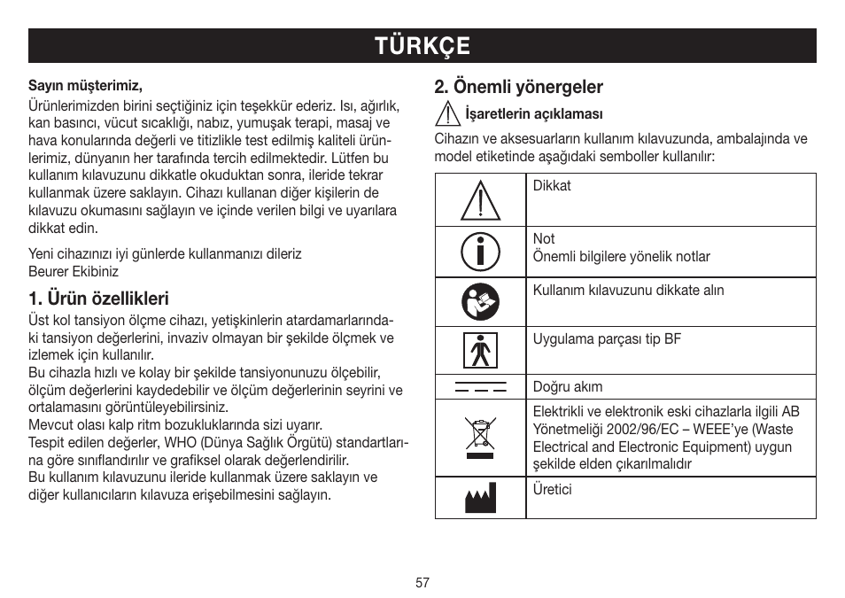 Türkçe, Ürün özellikleri, Önemli yönergeler | Beurer BM 40 User Manual | Page 57 / 92