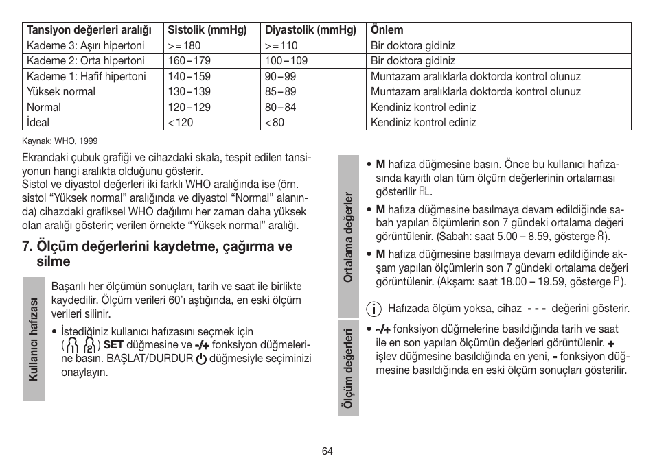 Ölçüm değerlerini kaydetme, çağırma ve silme | Beurer BM 40 User Manual | Page 64 / 92