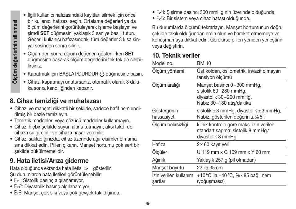 Cihaz temizliği ve muhafazası, Hata iletisi/arıza giderme, Teknik veriler | Beurer BM 40 User Manual | Page 65 / 92