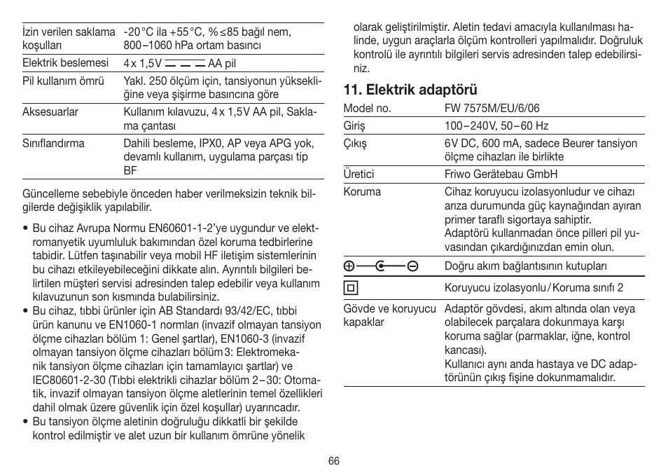 Elektrik adaptörü | Beurer BM 40 User Manual | Page 66 / 92
