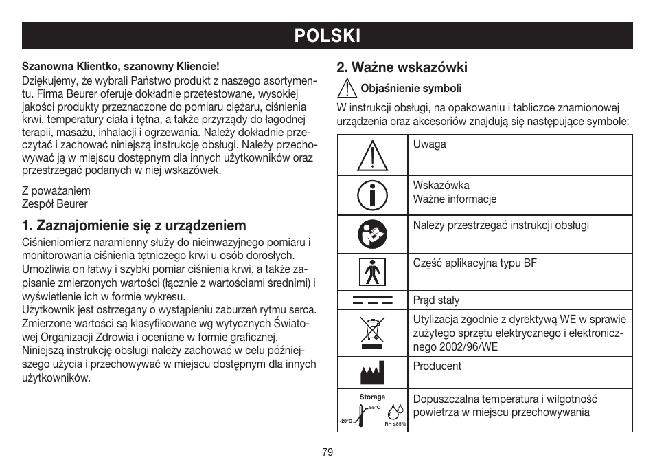 Polski, Zaznajomienie się z urządzeniem, Ważne wskazówki | Beurer BM 40 User Manual | Page 79 / 92