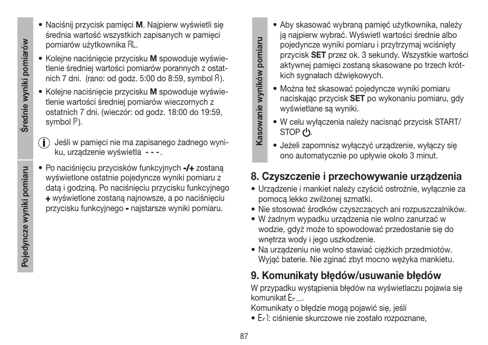 Czyszczenie i przechowywanie urządzenia, Komunikaty błędów/usuwanie błędów | Beurer BM 40 User Manual | Page 87 / 92