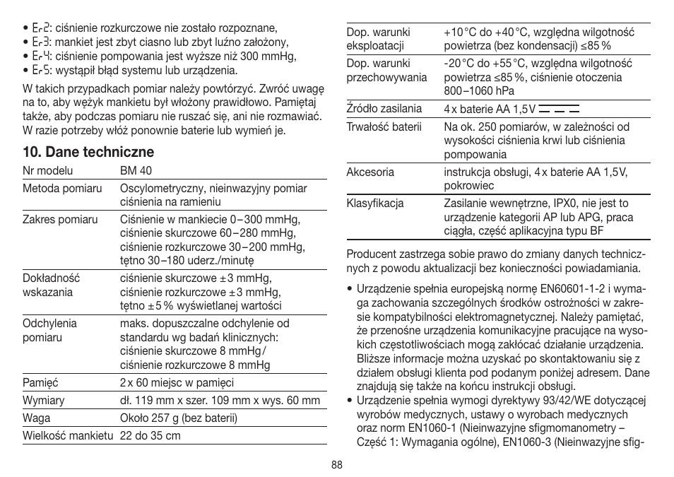 Dane techniczne | Beurer BM 40 User Manual | Page 88 / 92