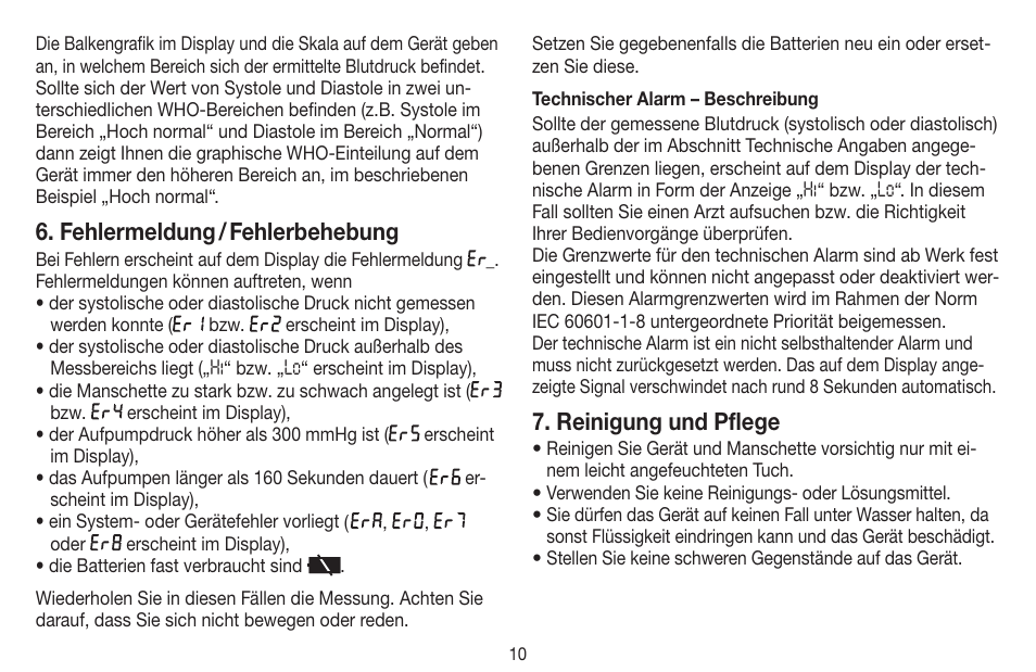 Fehlermeldung / fehlerbehebung, Reinigung und pflege | Beurer BM 44 User Manual | Page 10 / 100