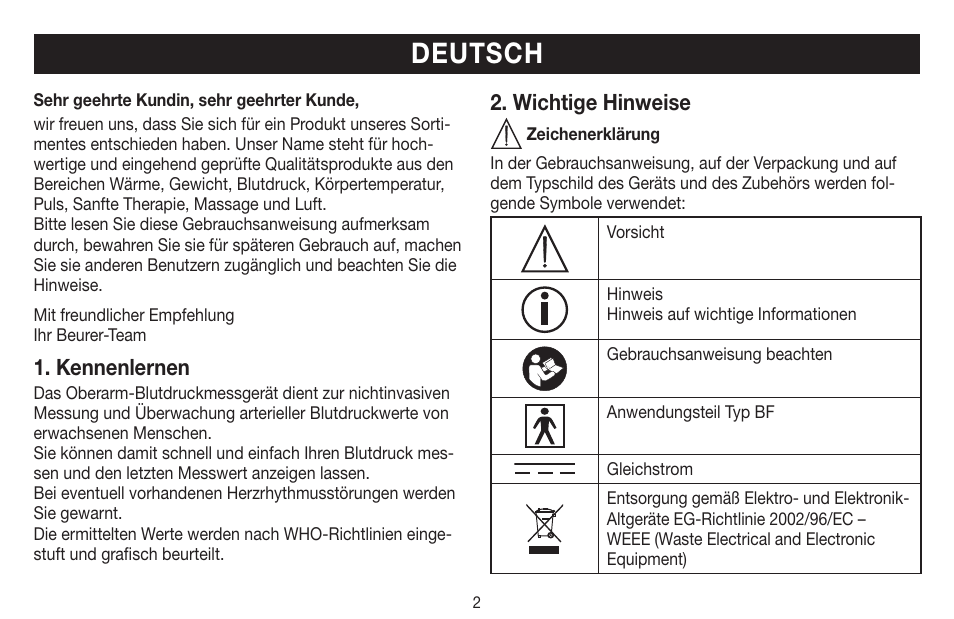 Deutsch, Kennenlernen, Wichtige hinweise | Beurer BM 44 User Manual | Page 2 / 100