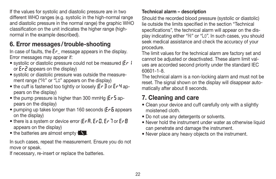 Error messages / trouble-shooting, Cleaning and care | Beurer BM 44 User Manual | Page 22 / 100