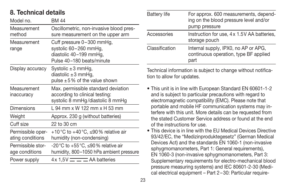 Technical details | Beurer BM 44 User Manual | Page 23 / 100