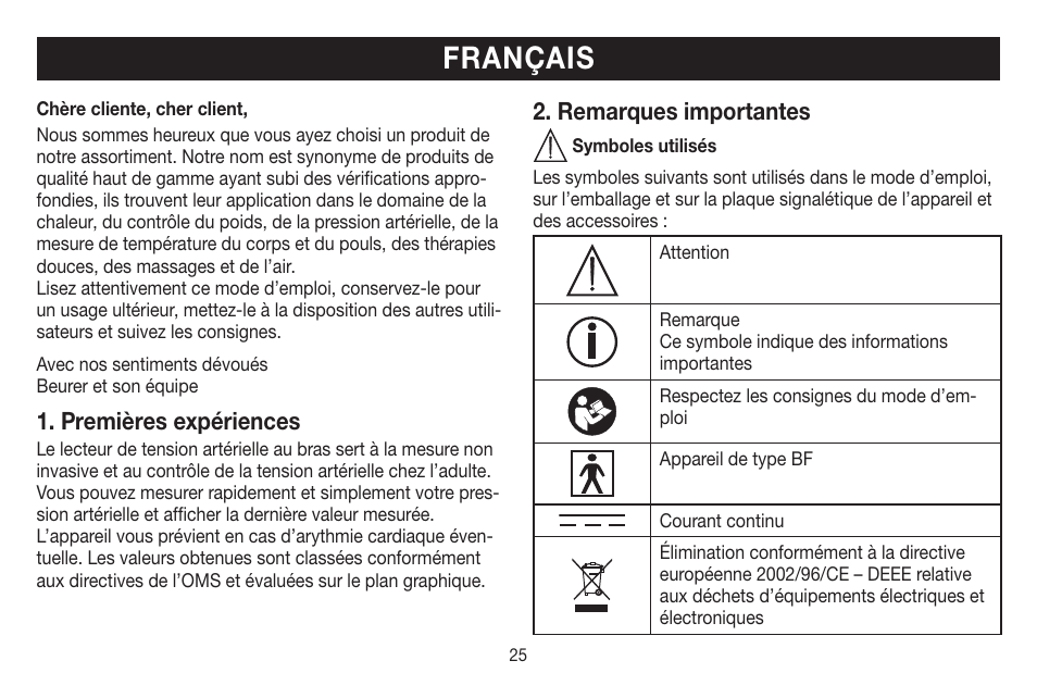 Français, Premières expériences, Remarques importantes | Beurer BM 44 User Manual | Page 25 / 100