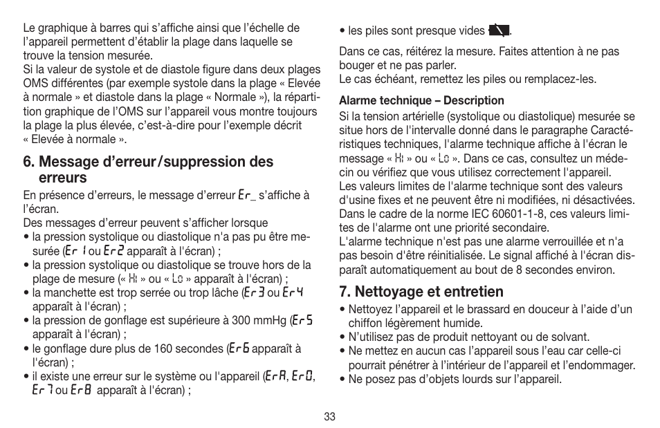 Message d’erreur / suppression des erreurs, Nettoyage et entretien | Beurer BM 44 User Manual | Page 33 / 100