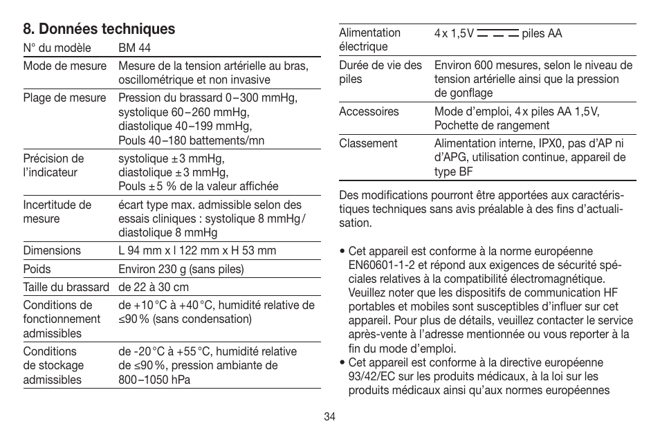 Données techniques | Beurer BM 44 User Manual | Page 34 / 100