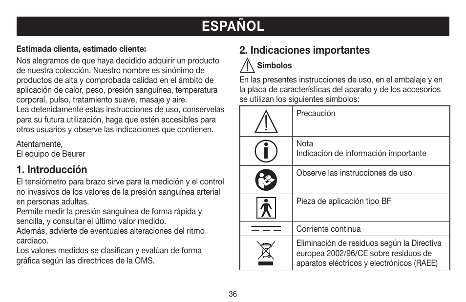 Español, Introducción, Indicaciones importantes | Beurer BM 44 User Manual | Page 36 / 100