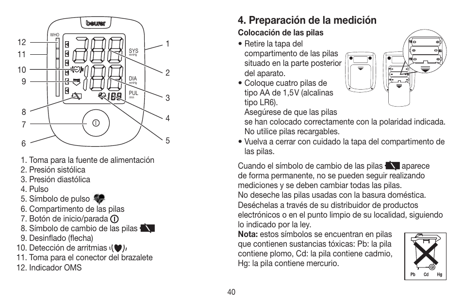 Preparación de la medición | Beurer BM 44 User Manual | Page 40 / 100