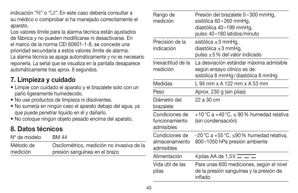 Limpieza y cuidado, Datos técnicos | Beurer BM 44 User Manual | Page 45 / 100