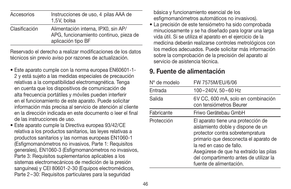 Fuente de alimentación | Beurer BM 44 User Manual | Page 46 / 100