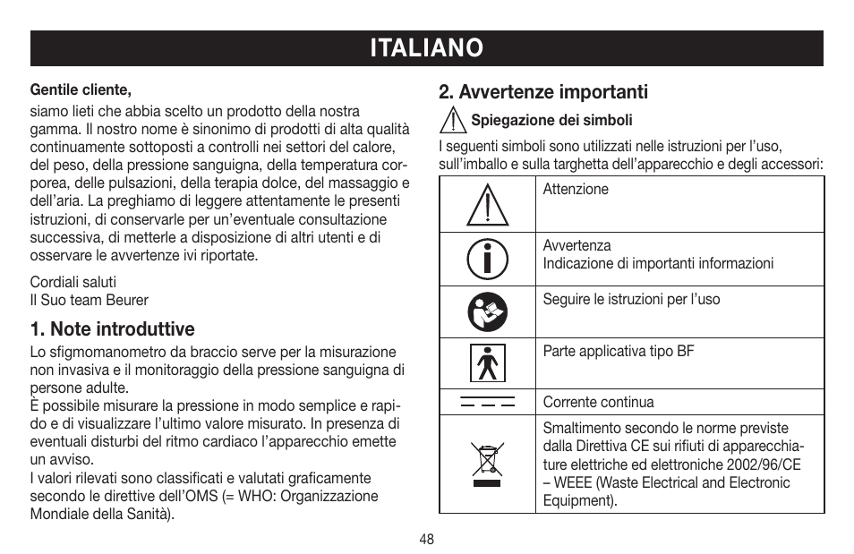 Italiano, Avvertenze importanti | Beurer BM 44 User Manual | Page 48 / 100