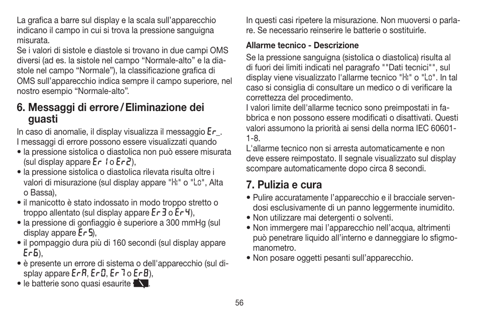 Messaggi di errore / eliminazione dei guasti, Pulizia e cura | Beurer BM 44 User Manual | Page 56 / 100