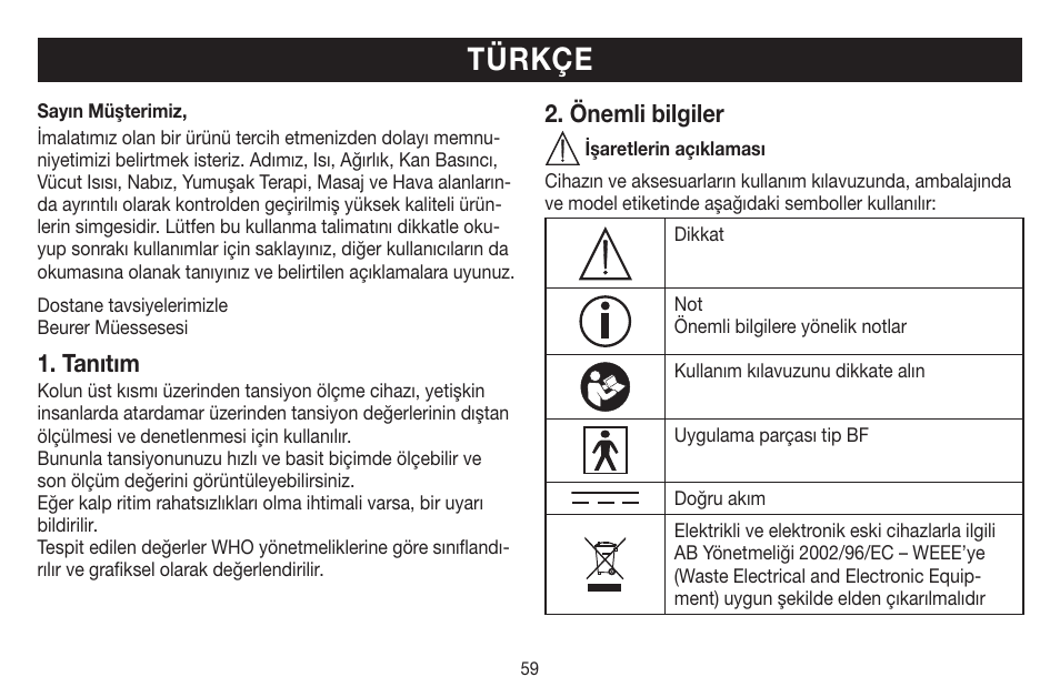 Türkçe, Tanıtım, Önemli bilgiler | Beurer BM 44 User Manual | Page 59 / 100